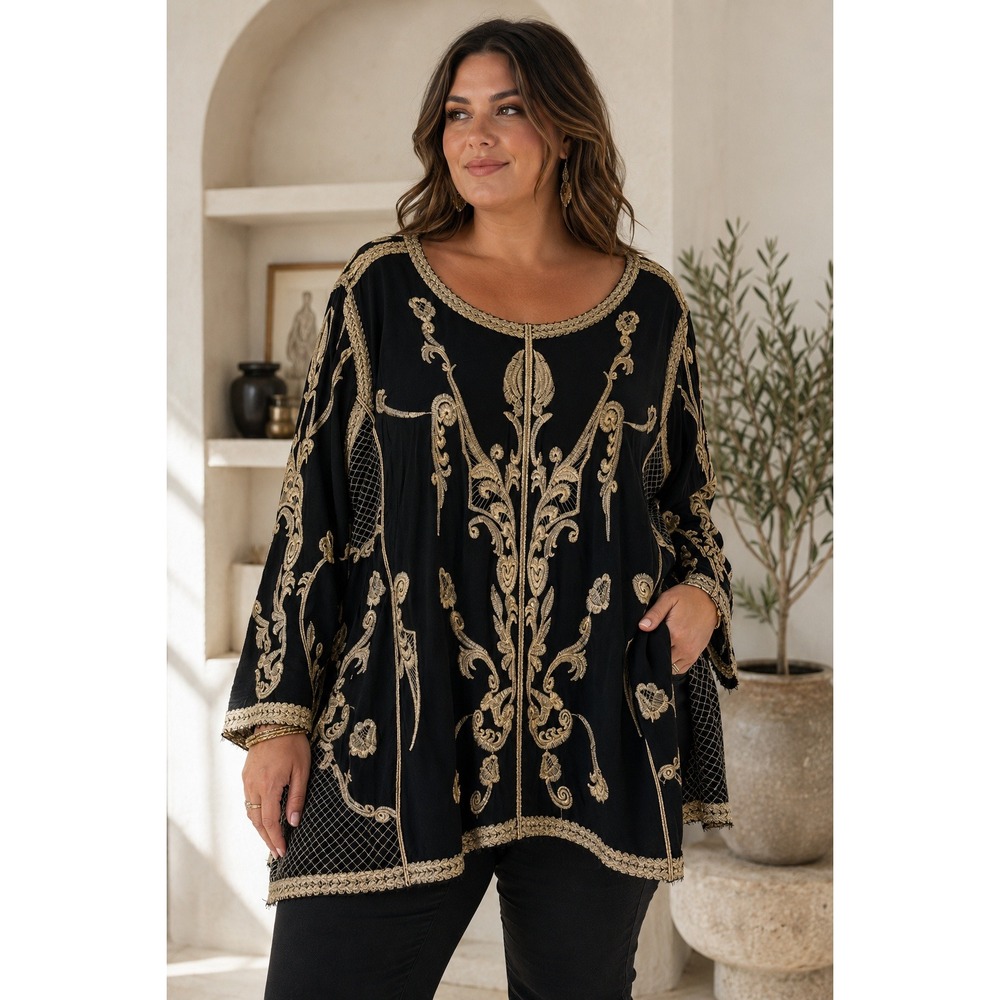 Indigo Thread Co Black Gold Embroidered Tunic Top Womens 3X Boho